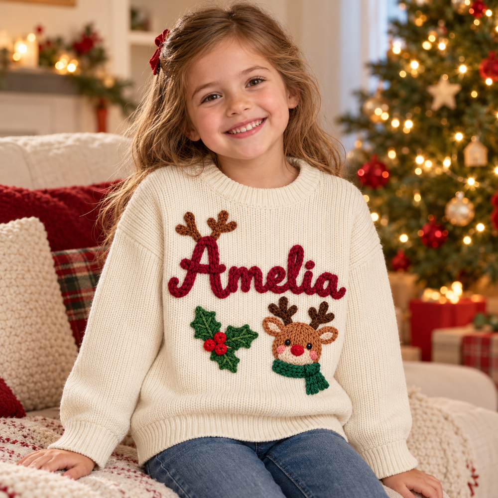 Personalized Baby & Kids Christmas Sweater – 100% Cotton, Hand-Embroidered Name & Designs