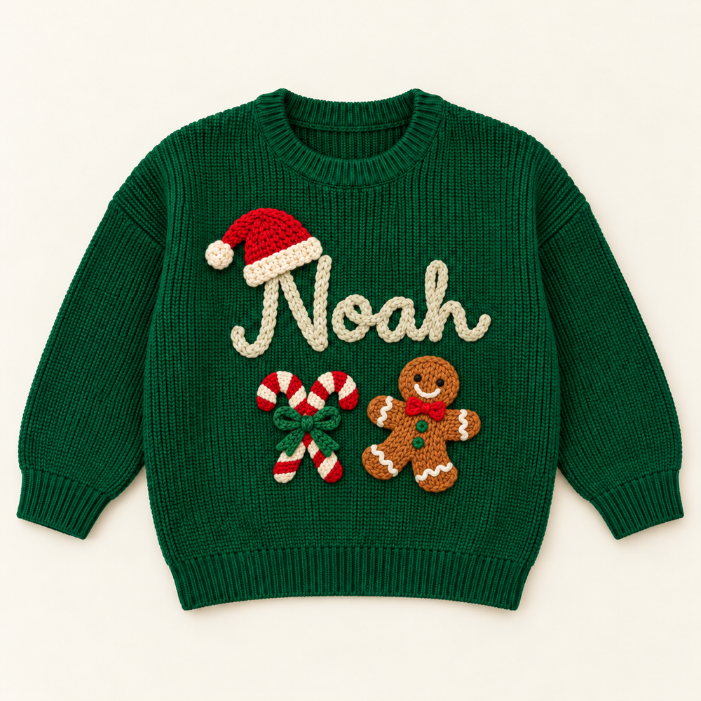 Personalized Baby & Kids Christmas Sweater – 100% Cotton, Hand-Embroidered Name & Designs