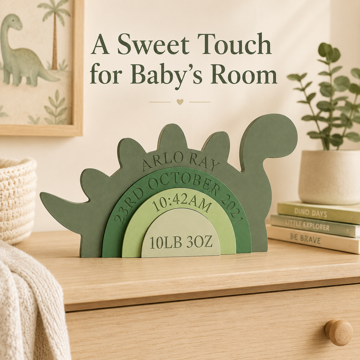 Personalized Dinosaur Birth Stats Wooden Stack – Custom Baby Name, Date, Time & Weight Keepsake Nursery Decor