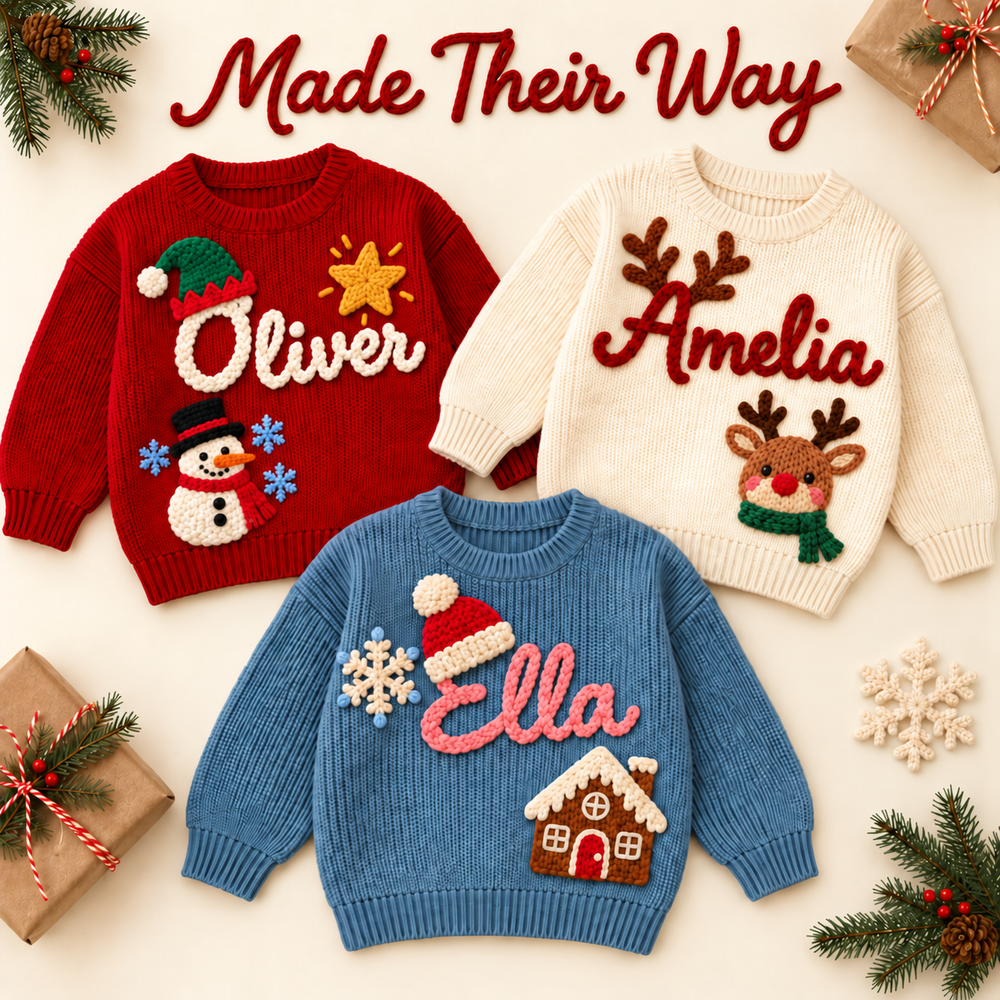 Personalized Baby & Kids Christmas Sweater – 100% Cotton, Hand-Embroidered Name & Designs