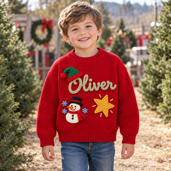 Personalized Baby & Kids Christmas Sweater – 100% Cotton, Hand-Embroidered Name & Designs