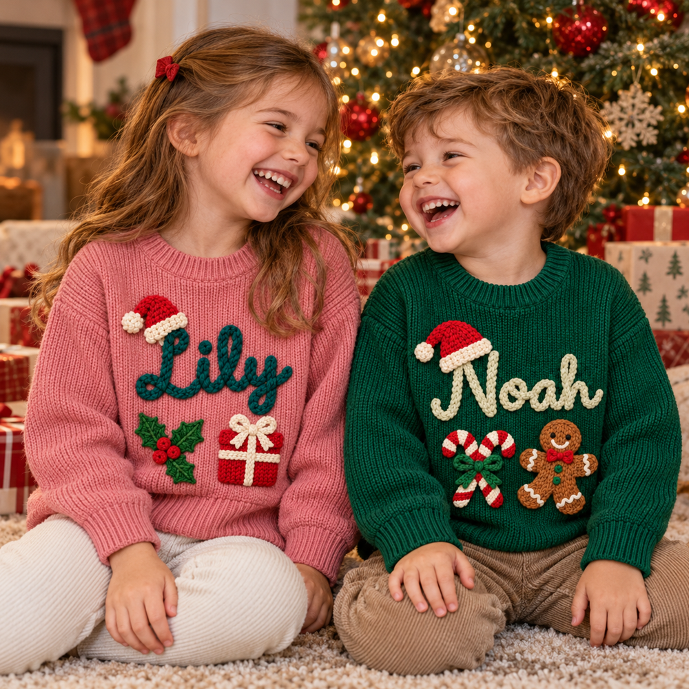 Personalized Baby & Kids Christmas Sweater – 100% Cotton, Hand-Embroidered Name & Designs