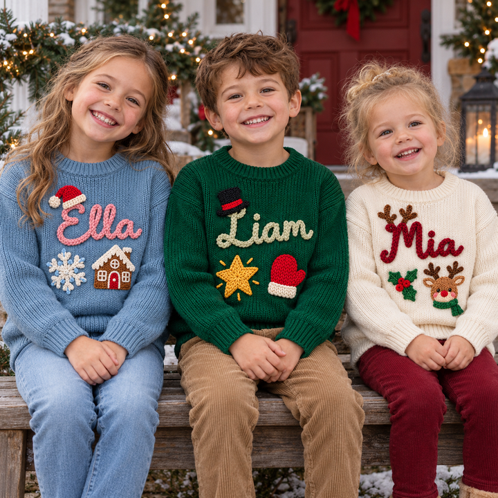 Personalized Baby & Kids Christmas Sweater – 100% Cotton, Hand-Embroidered Name & Designs