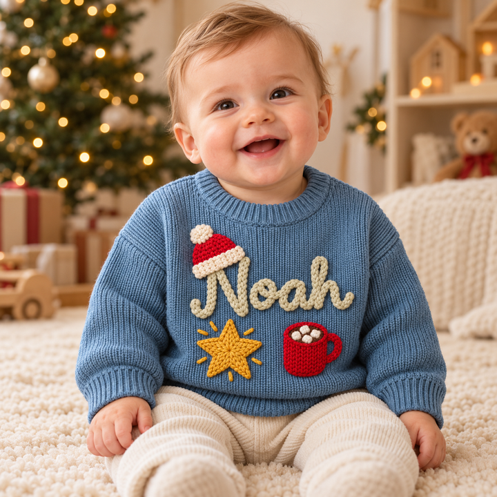 Personalized Baby & Kids Christmas Sweater – 100% Cotton, Hand-Embroidered Name & Designs