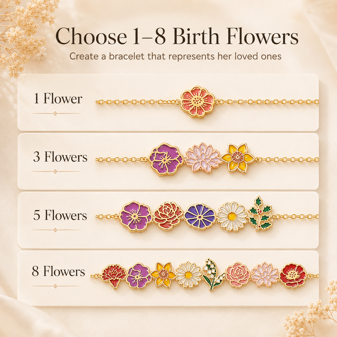 Personalized Birth Flower Chain Bracelet for Mom Grandma - Custom Family Flower Bracelet with 1–8 Flowers