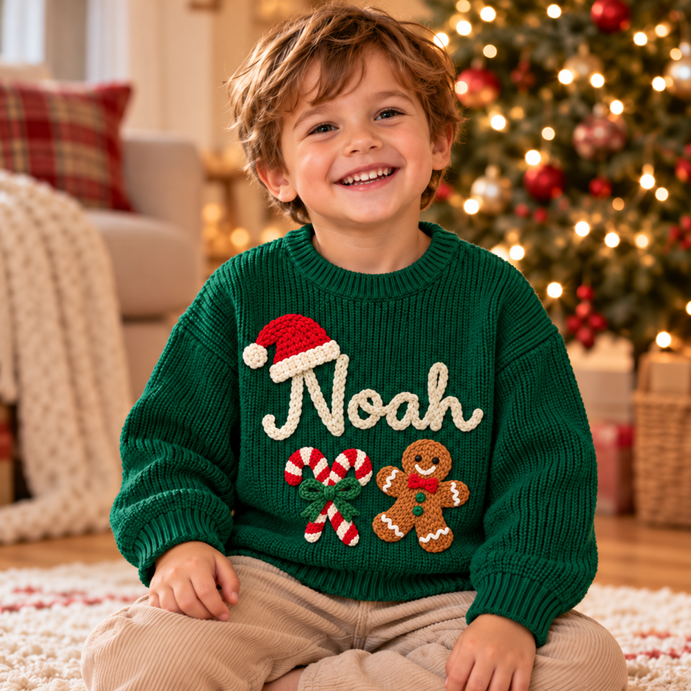 Personalized Baby & Kids Christmas Sweater – 100% Cotton, Hand-Embroidered Name & Designs