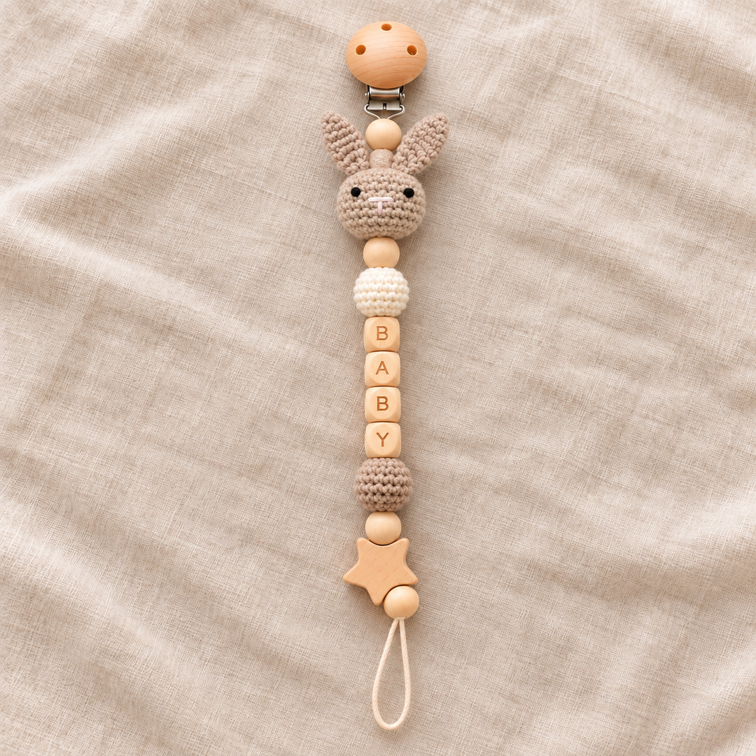 Personalized Crochet Animal Pacifier Clip – Custom Baby Name Gift