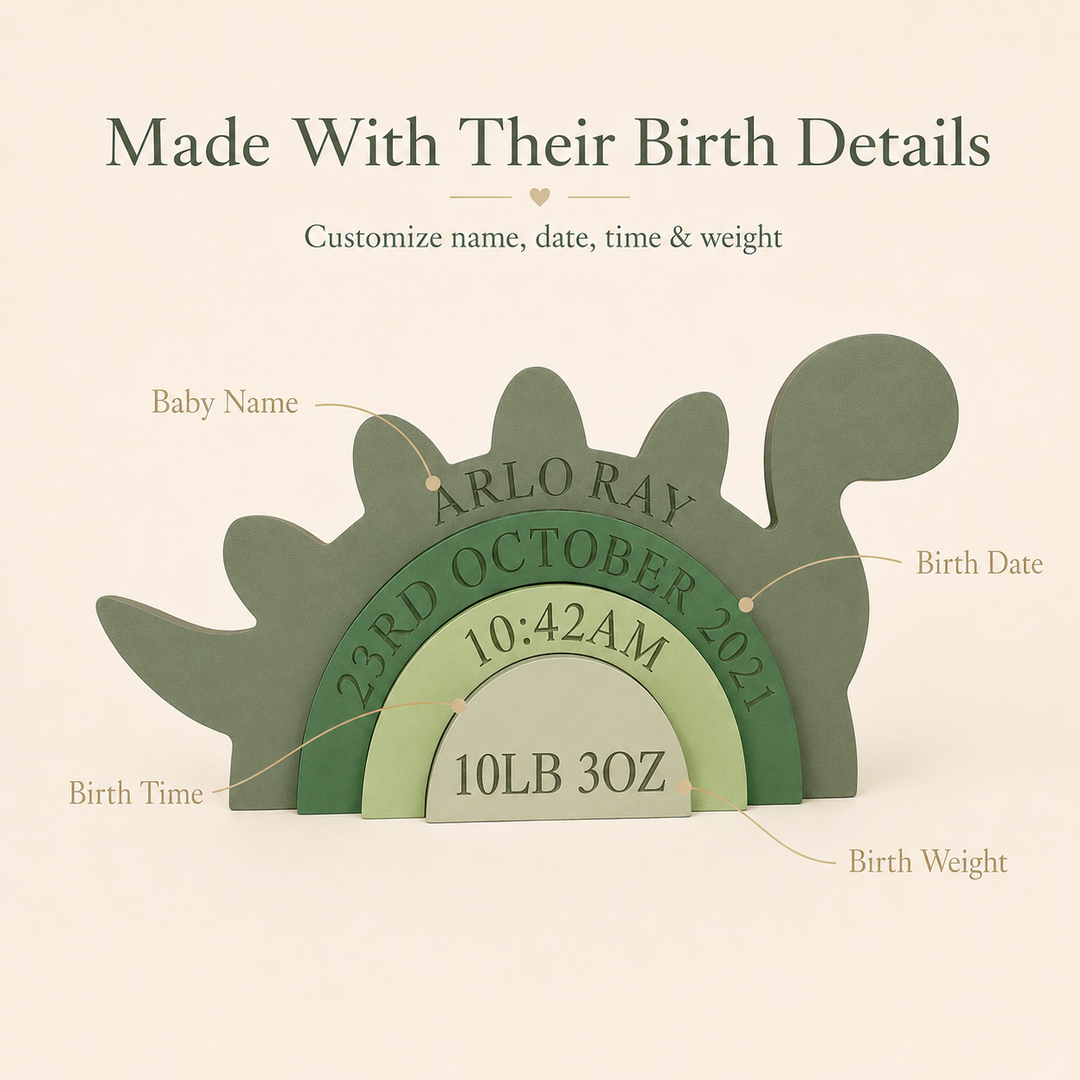 Personalized Dinosaur Birth Stats Wooden Stack – Custom Baby Name, Date, Time & Weight Keepsake Nursery Decor