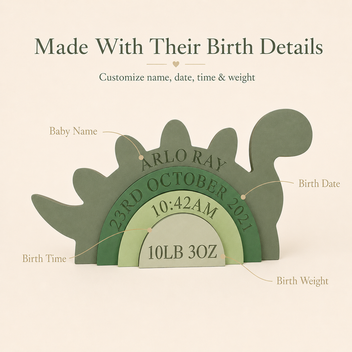 Personalized Dinosaur Birth Stats Wooden Stack – Custom Baby Name, Date, Time & Weight Keepsake Nursery Decor