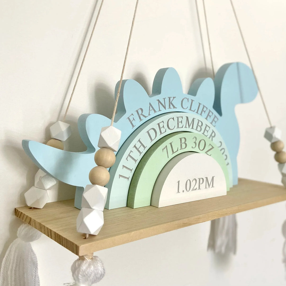 Personalized Dinosaur Birth Stats Wooden Stack – Custom Baby Name, Date, Time & Weight Keepsake Nursery Decor