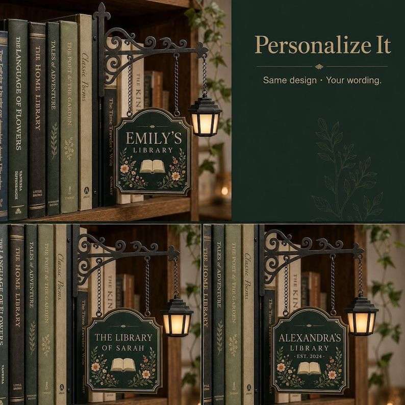 Personalized Bookshelf Sign with LED Lamp – Custom Home Library Decor for Book Lovers