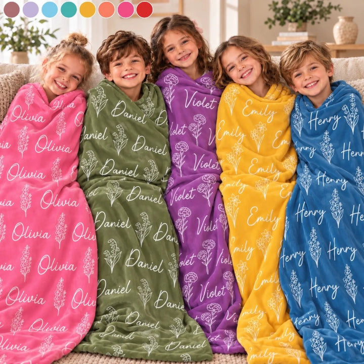 Custom Name Flower Blanket for Kids – Soft Flannel Blanket with Repeating Floral Design