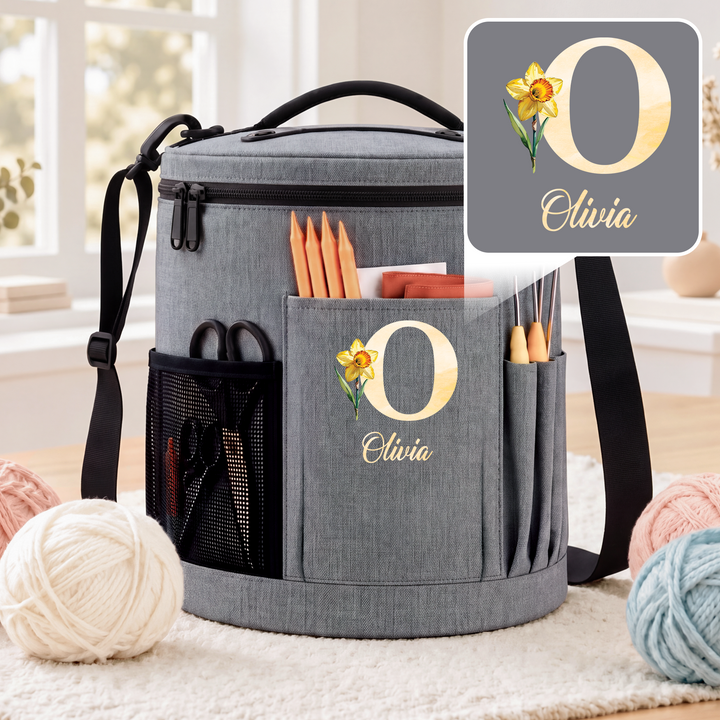 Personalised Birth Flower Gifts - Name Yarn Storage Round Bag