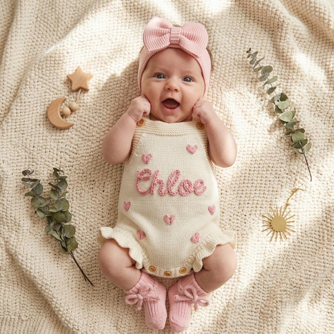 Personalized Hand-Embroidered Knit Baby Romper – Custom Name Baby Girl Outfit