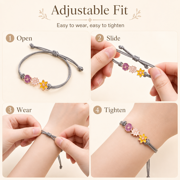 Personalized Birth Flower Bracelet for Mom – Custom Family Flower Bracelet with 1–8 Flowers