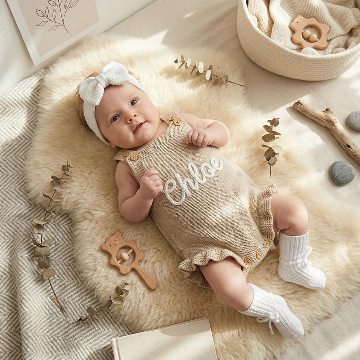 Personalized Hand-Embroidered Knit Baby Romper – Custom Name Baby Girl Outfit