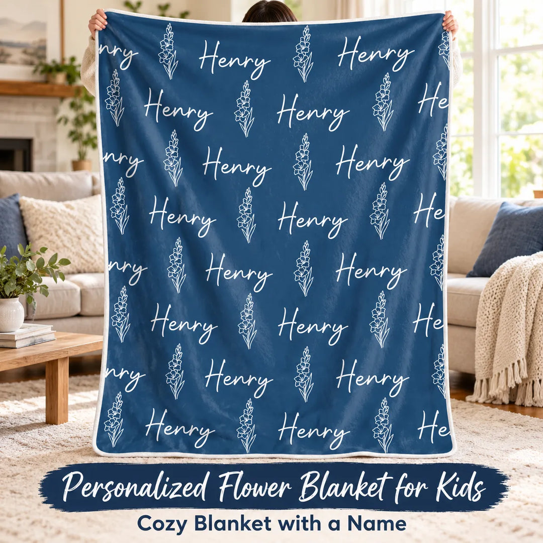 Custom Name Flower Blanket for Kids – Soft Flannel Blanket with Repeating Floral Design