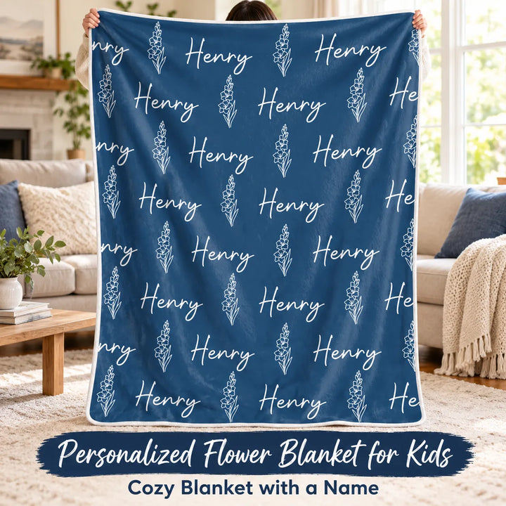 Custom Name Flower Blanket for Kids – Soft Flannel Blanket with Repeating Floral Design