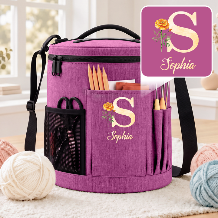 Personalised Birth Flower Gifts - Name Yarn Storage Round Bag