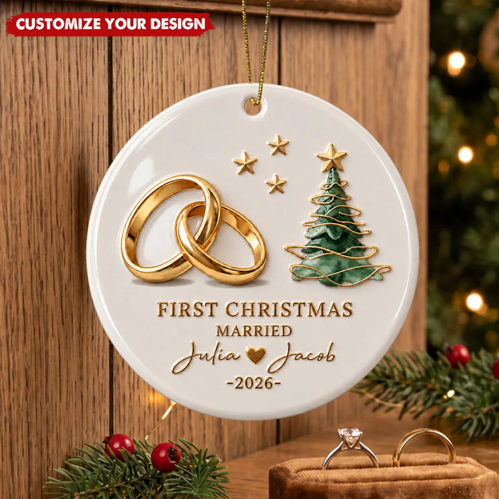 Personalised First Christmas as a Married Couple Ceramic Christmas Tree Decoration – Custom Names & Wedding Year