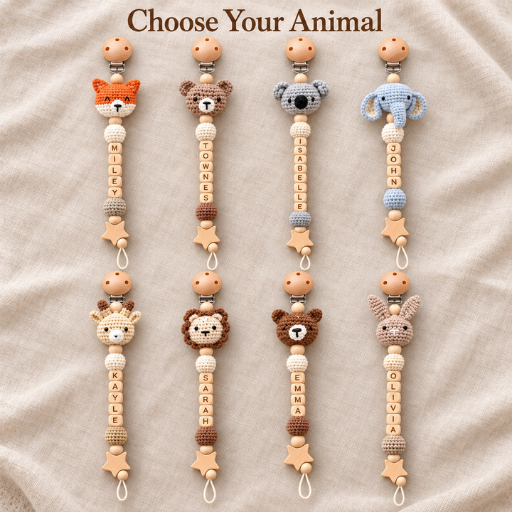 Personalized Crochet Animal Pacifier Clip – Custom Baby Name Gift