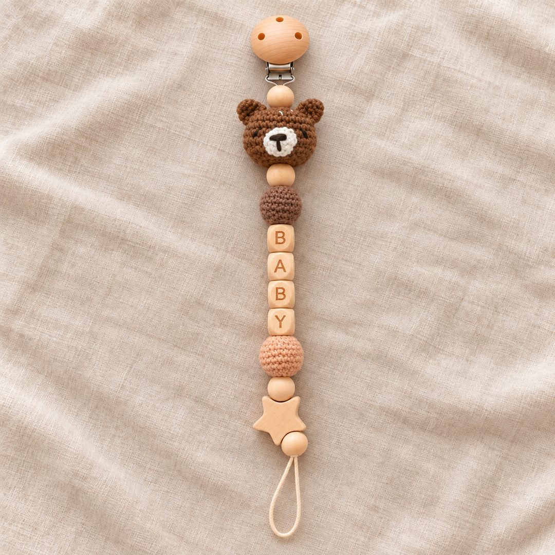 Personalized Crochet Animal Pacifier Clip – Custom Baby Name Gift