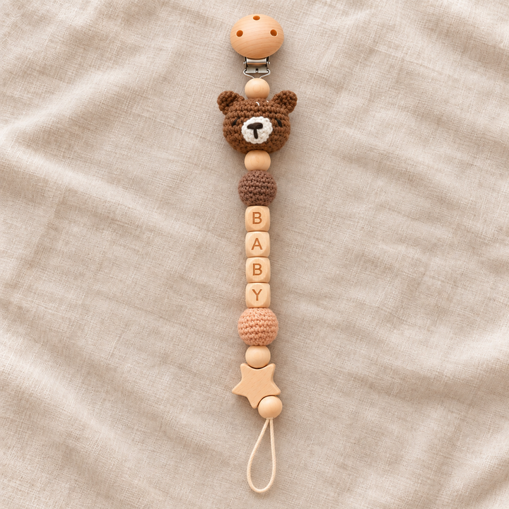 Personalized Crochet Animal Pacifier Clip – Custom Baby Name Gift