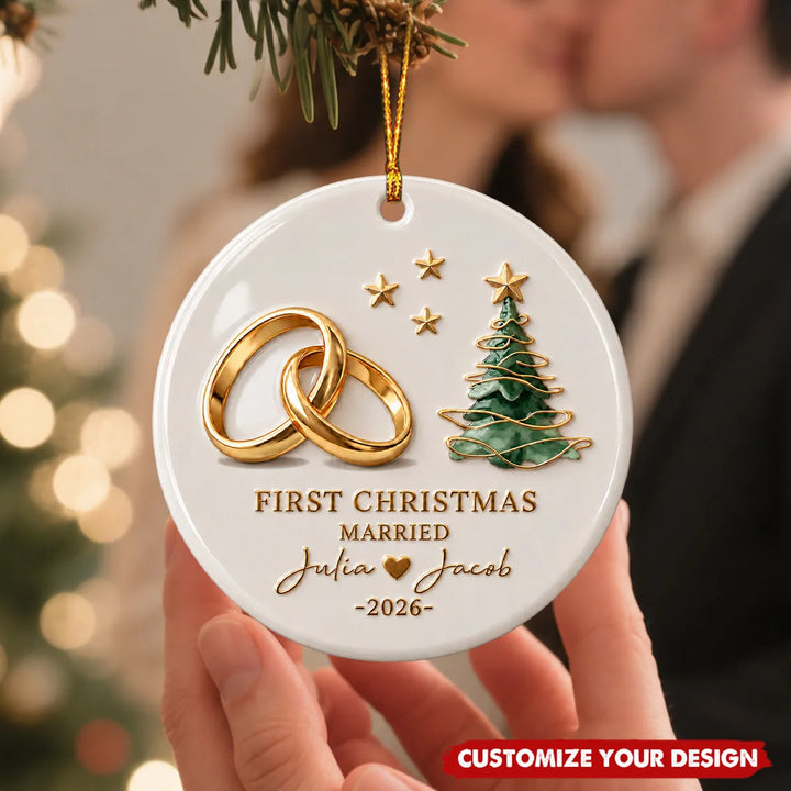 Personalised First Christmas as a Married Couple Ceramic Christmas Tree Decoration – Custom Names & Wedding Year