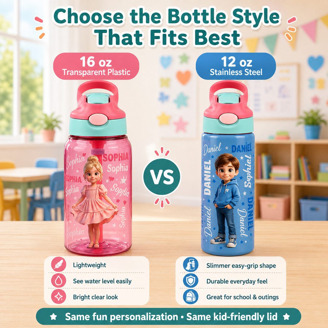 Personalized Cartoon Kids Water Bottle – Custom Name 16oz School Bottle