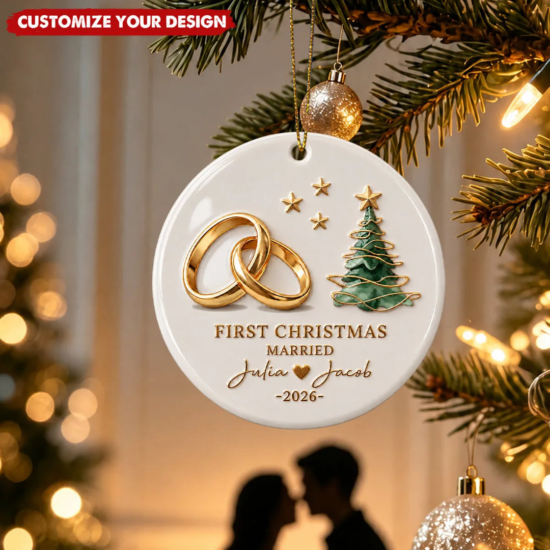 Personalised First Christmas as a Married Couple Ceramic Christmas Tree Decoration – Custom Names & Wedding Year