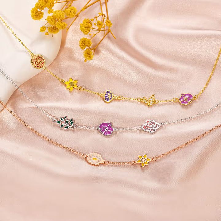 Personalized Dainty 1-8 Colorful Birth Flower Sideway Necklace Family Jewelry Birthday Anniversary Gift for Women