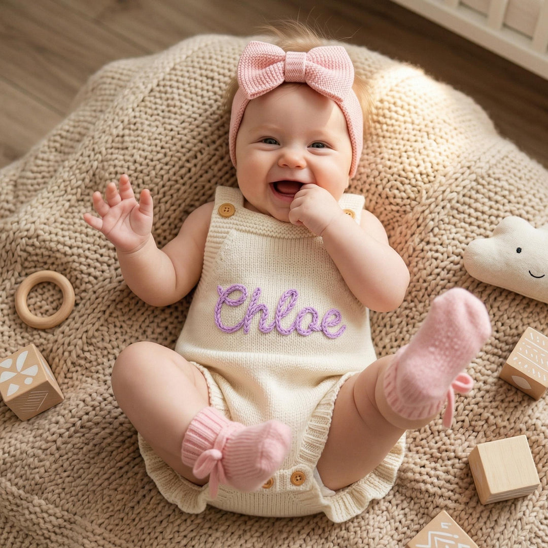 Personalized Hand-Embroidered Knit Baby Romper – Custom Name Baby Girl Outfit