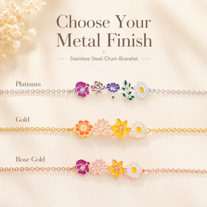 Personalized Birth Flower Chain Bracelet for Mom Grandma - Custom Family Flower Bracelet with 1–8 Flowers