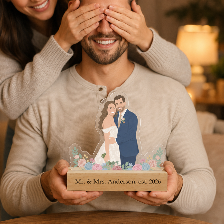 Personalized Acrylic Cartoon Portrait Stand with Wooden Base