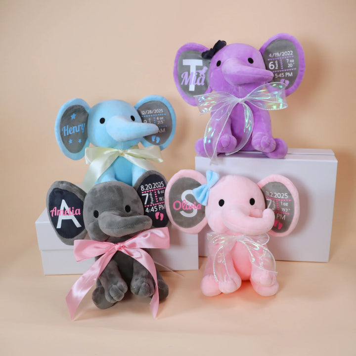 Personalized Baby Elephant Plush – Custom Newborn Birth Details Keepsake Gift