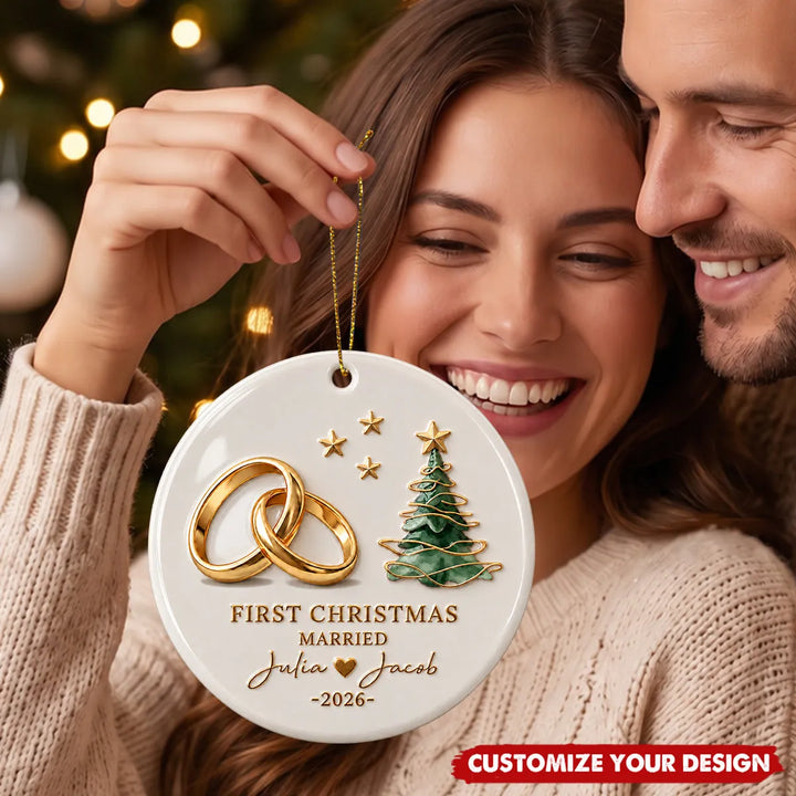 Personalised First Christmas as a Married Couple Ceramic Christmas Tree Decoration – Custom Names & Wedding Year