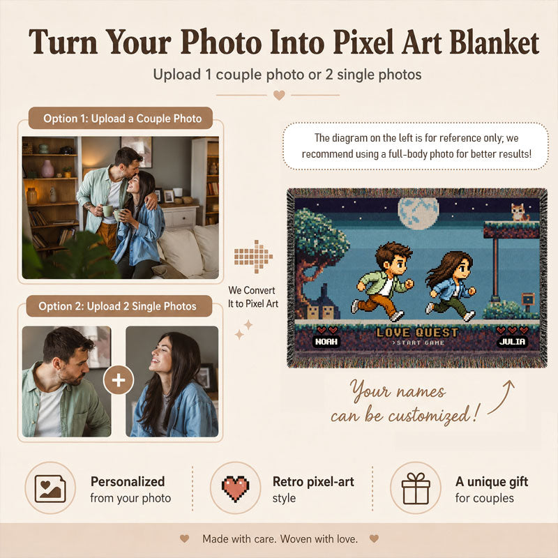Personalized Pixel Love Quest Blanket – Turn Your Photo Into A Retro Game Adventure