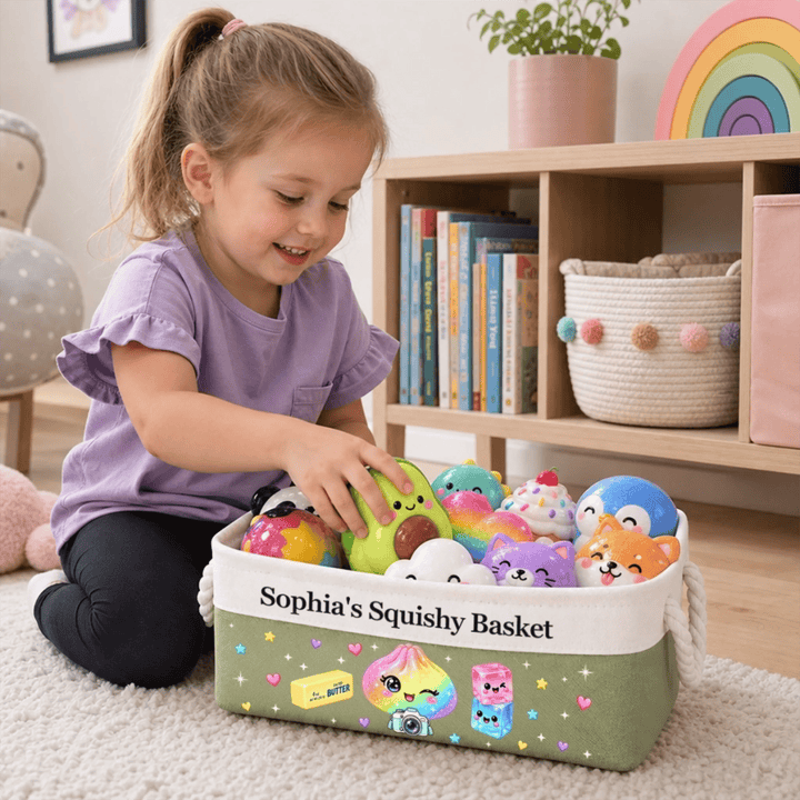 Personalized Squishy Storage Basket – Custom Name Toy Organizer for Kids