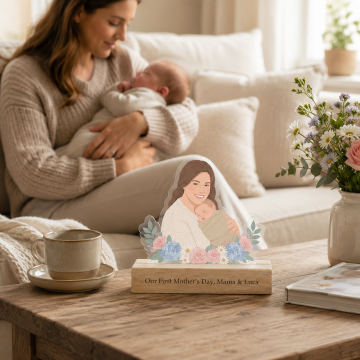 Personalized Acrylic Cartoon Portrait Stand with Wooden Base