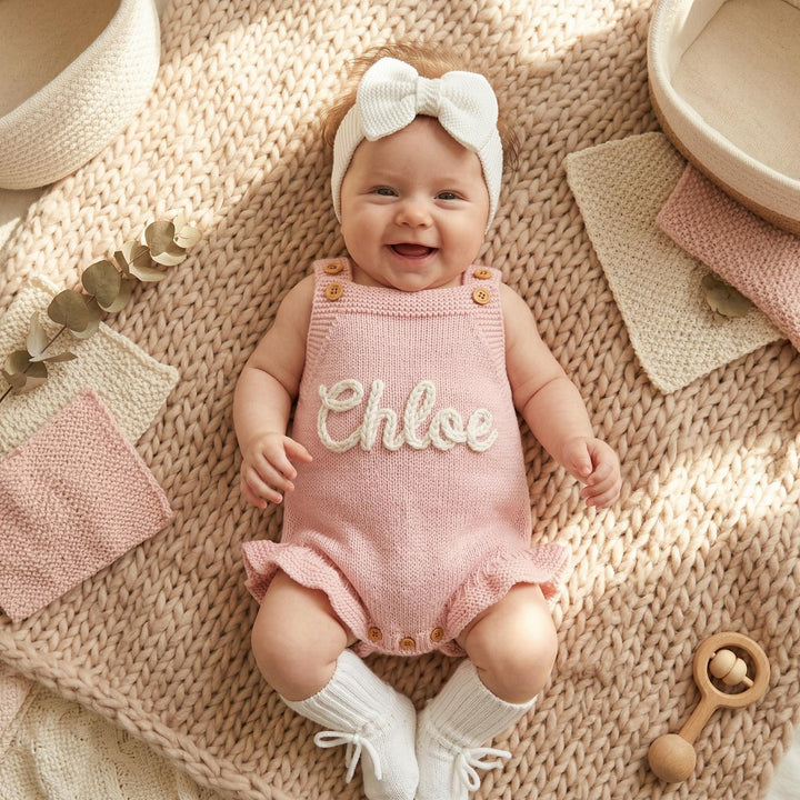 Personalized Hand-Embroidered Knit Baby Romper – Custom Name Baby Girl Outfit