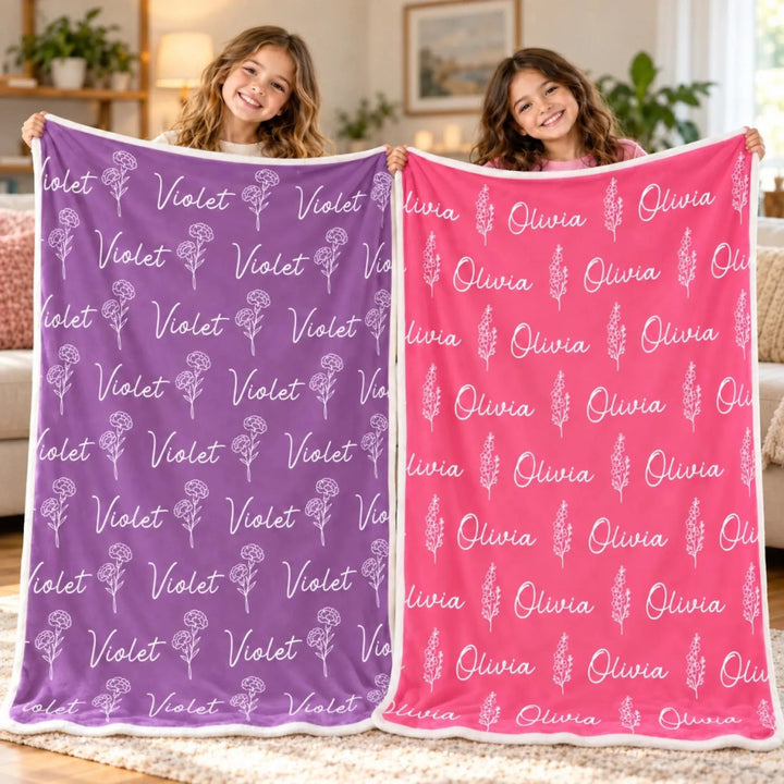 Custom Name Flower Blanket for Kids – Soft Flannel Blanket with Repeating Floral Design