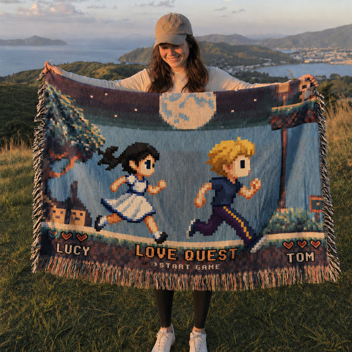 Personalized Retro 8-Bit Gaming Couple Adventure Woven Blanket – Custom Gamer Love Story Throw Blanket with Names