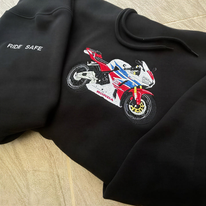 Custom Motorcycle Embroidered Hoodie – Front or Back Design Biker Hoodie 🏍️🧵