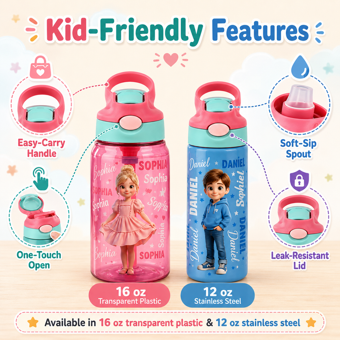 Personalized Cartoon Kids Water Bottle – Custom Name 16oz School Bottle