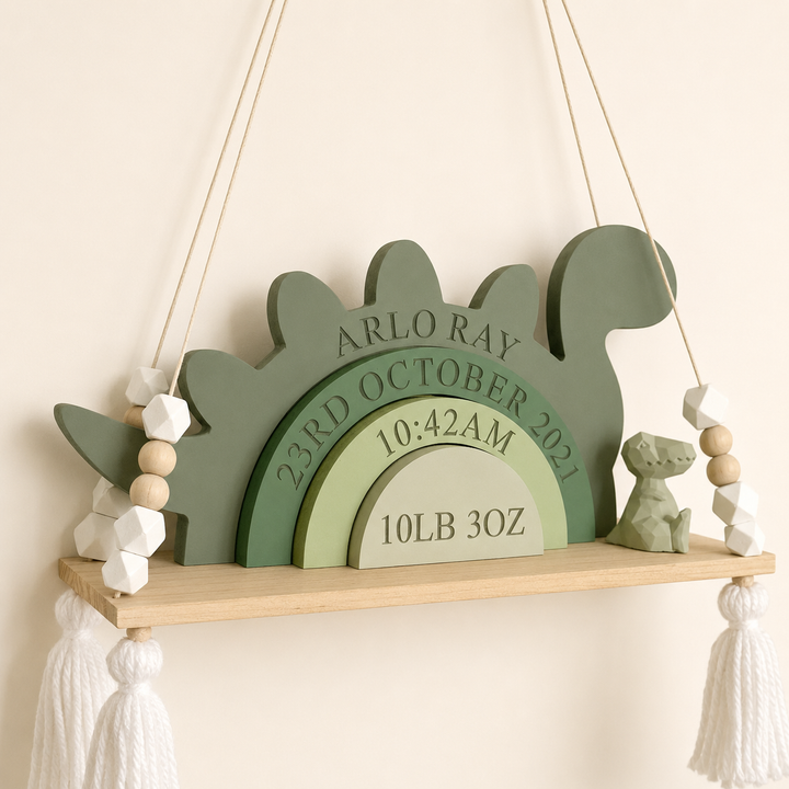 Personalized Dinosaur Birth Stats Wooden Stack – Custom Baby Name, Date, Time & Weight Keepsake Nursery Decor