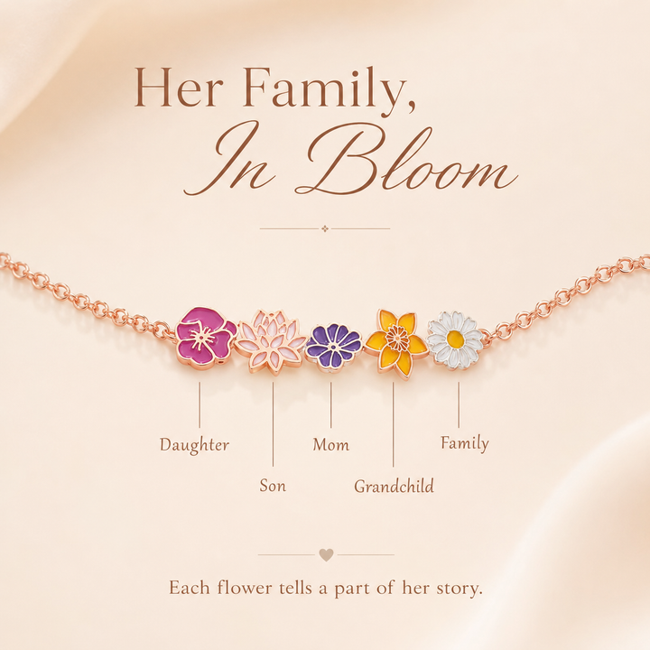 Personalized Birth Flower Chain Bracelet for Mom Grandma - Custom Family Flower Bracelet with 1–8 Flowers