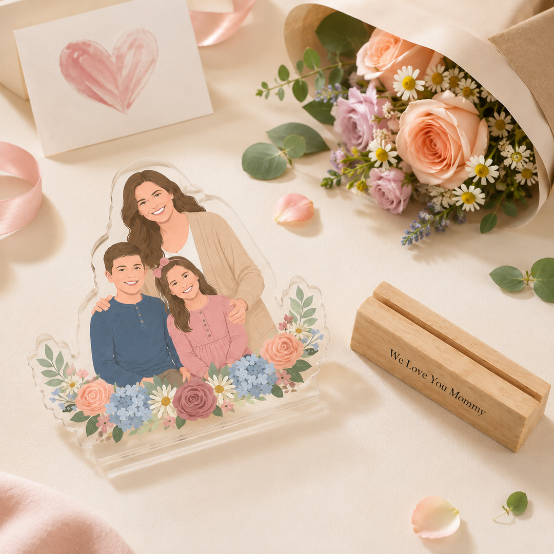 Personalized Acrylic Cartoon Portrait Stand with Wooden Base