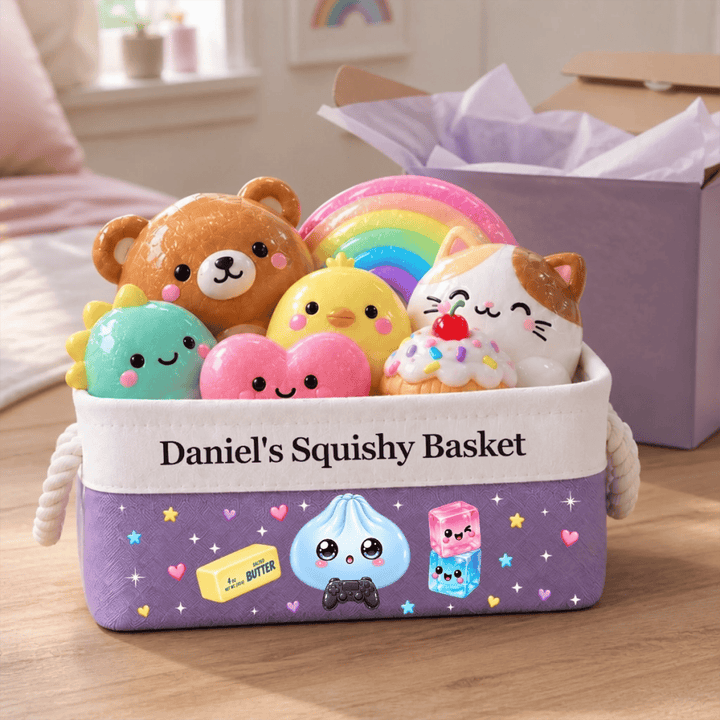 Personalized Squishy Storage Basket – Custom Name Toy Organizer for Kids