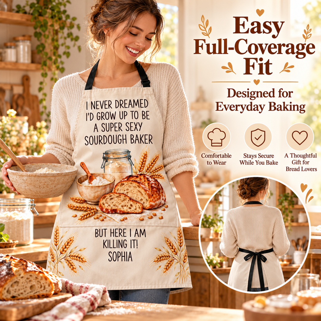 🍞 Personalised Sourdough Baker Apron with Pocket – Custom Name Funny Baking Gift
