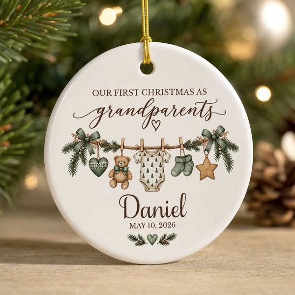 Christmas First Grandparents-Personalized Ceramic Ornament, Personalized Baby Name Clothesline Souvenir, Christmas Ornament